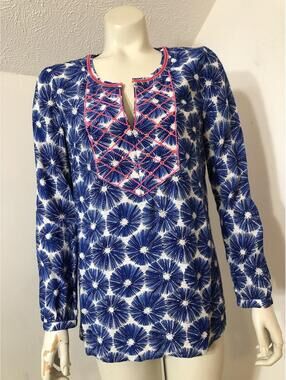 Vineyard Vines Womens XS Blue White Long Sleeve Tunic Top Pink Embroidery